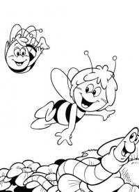 Веселый пчелки летают над цветами и гусеничка Раскраски красивые цветы