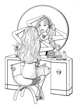 Красотка девушка перед зеркалом причесывается Раскраска цветок для скачивания
