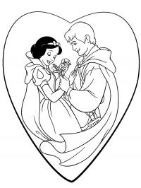 Белоснежка и принц в сердечке Раскраски с цветами распечатать бесплатно