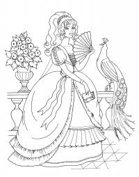 Принцесса с павлином Раскраски с цветами распечатать бесплатно