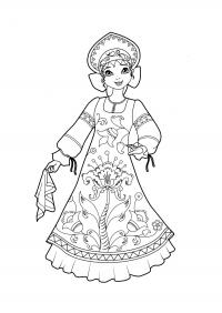 Девочка в сарафане с платочком в руке Раскраски с цветами распечатать бесплатно