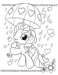 Пони под зонтиком, под дождиком из сердечек Раскраски с цветами распечатать бесплатно