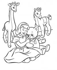 Девочка с игрушками животными, жираф, лошадка, мишка Раскраски с цветами распечатать бесплатно