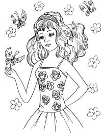 Девочка в платье с розами среди бабачек Раскраски цветы скачать 