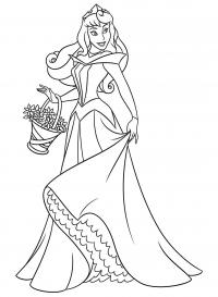 Принцесса в модном платье с корзинкой цветов Раскраски с цветами распечатать бесплатно