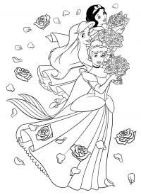 Принцессы диснея в модных платьях с букетами роз Раскраски цветы для девочек