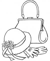 Женская сумочка, шляка и перчатки Найти раскраски цветов