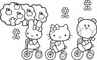 Китти, зайка и мишка на велосипедах Лучшие раскраски с цветами