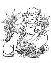 Девочка с котенком в цветах Раскраски бесплатно онлайн с цветами