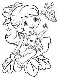 Девочка с котенком на коленях и бабочка Раскраски бесплатно онлайн с цветами