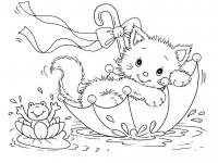 Котенок плывет на зонтики по воде Для детей онлайн раскраски с цветами