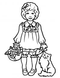 Девочка с корзинкой и котенок Для детей онлайн раскраски с цветами