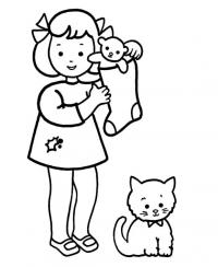 Девочка с котенком и игрушками Для детей онлайн раскраски с цветами
